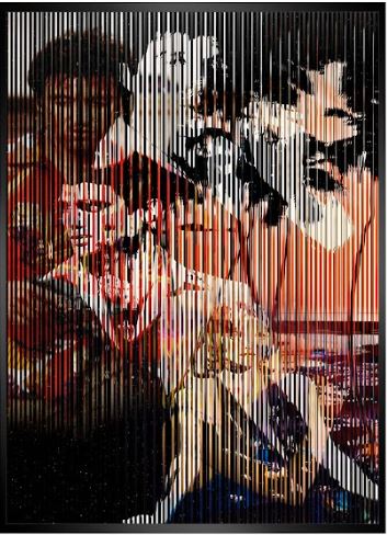 Cette image représente une œuvre cinétique de l'artiste Patrick Rubinstein, intitulée Scarface. Cette pièce unique représente la facette principale des trois facettes du tableau, inspirée du film Scarface. Elle mesure 153 × 5 × 113 cm et est exposée à la Galerie Montmartre à Paris, France.