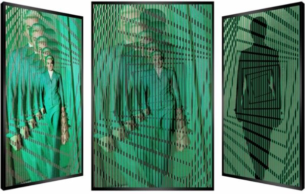 Cette image représente une œuvre cinétique de l'artiste Patrick Rubinstein, intitulée Vertigo. Cette pièce unique représente les trois facettes du tableau, inspirée du film Vertigo. Elle mesure 150 × 5 × 113 cm et est exposée à la Galerie Montmartre à Paris, France.