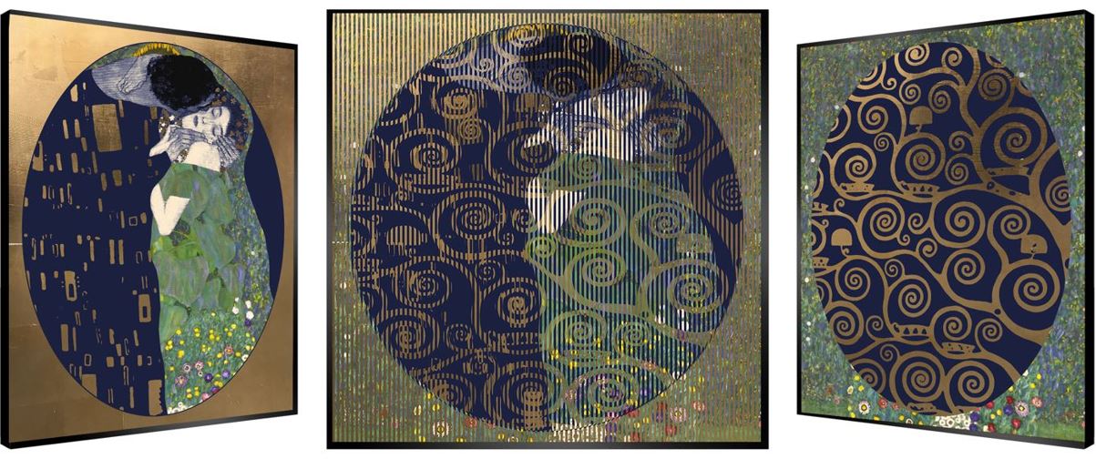 Cette image représente une œuvre cinétique de l'artiste Patrick Rubinstein intitulée Klimtoman. Il s'agit d'une pièce unique qui mesure 113 x 113 cm. Ce tableau représente d'une face l'œuvre "Le Baiser" de Klimt, de l'autre face des branches d'arbre de vie et en son centre, un mélange des deux.