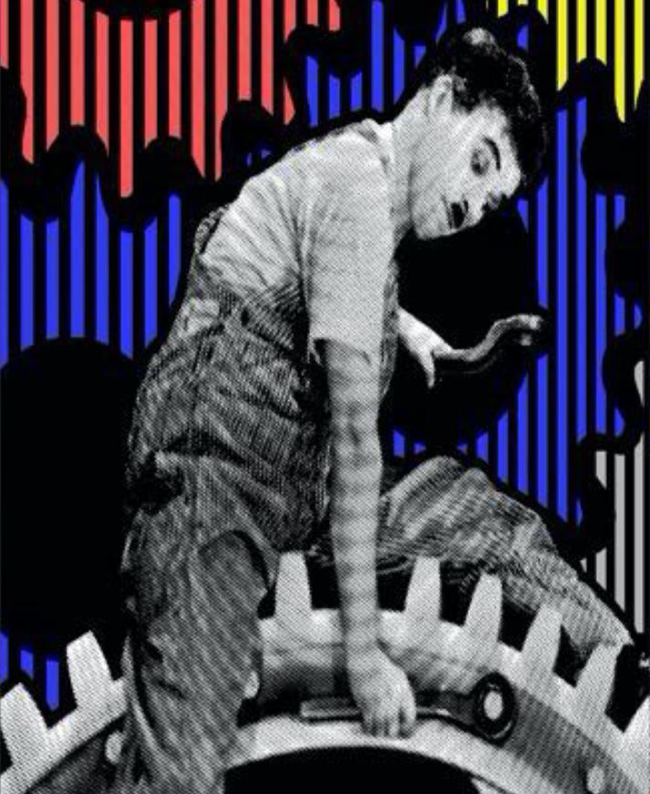 Cette image est une photo de détail du tableau de l'artiste Patrick Rubinstein, intitulé Chaplin Times. Exposé à la Galerie Montmartre à Paris, France.