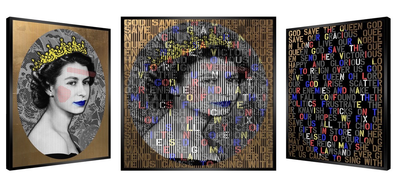 Picture of a unique piece depicting Queen Elizabeth by French artist Patrick Rubinstein, represented at Galerie Montmartre, Paris, France