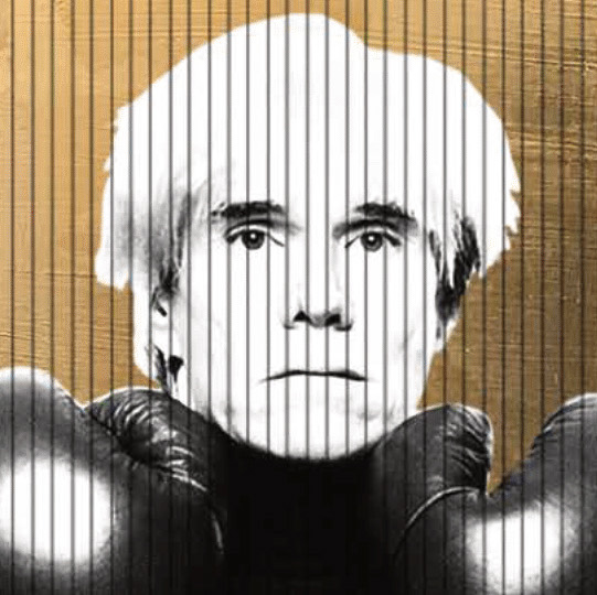 Picture of a painting by French artist Patrick Rubinstein, depicting Andy Warhol, represented at Galerie Montmartre, Paris, France