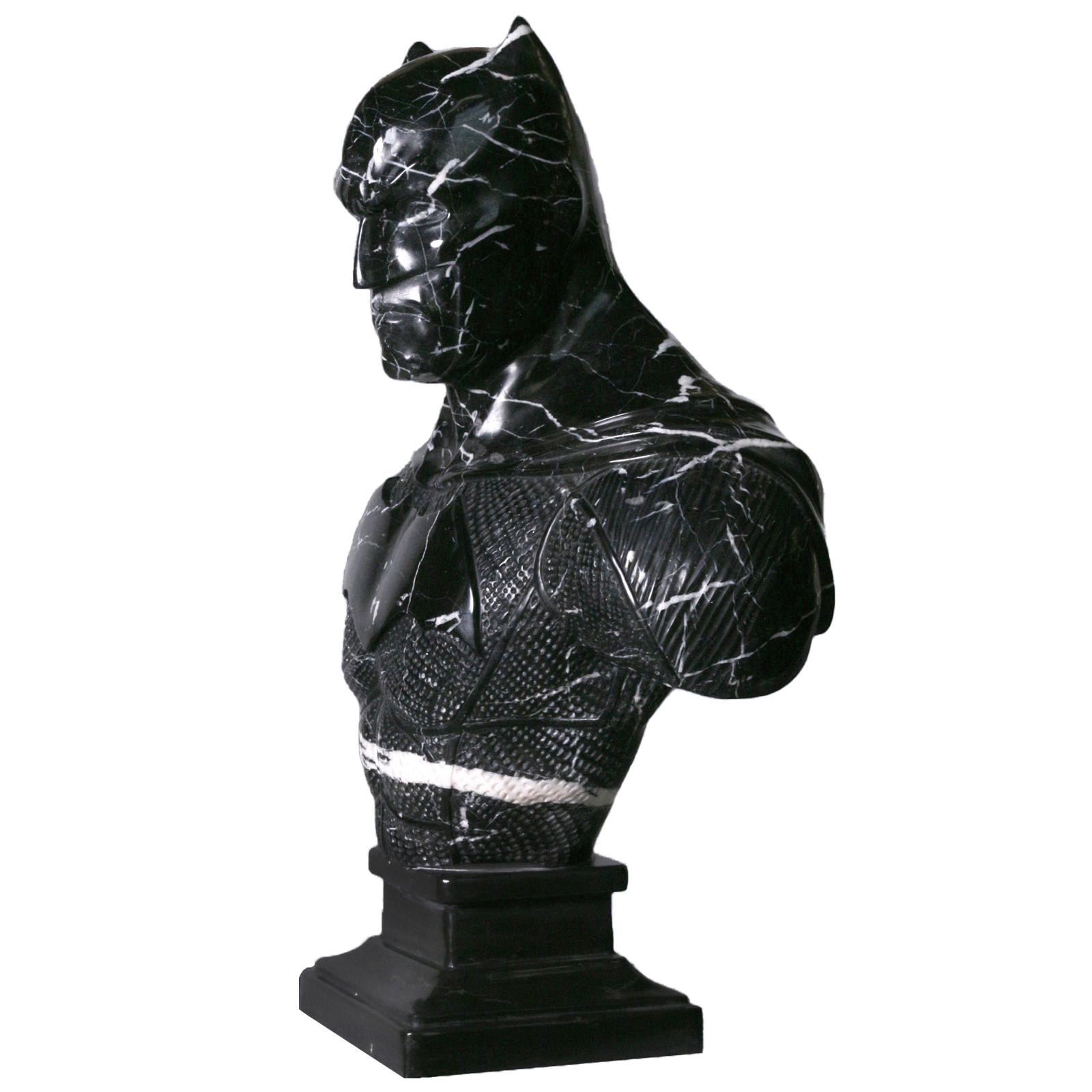 Picture of a black Portorro marble sculpture of Batman, by French artist Leo Caillard, represented at Galerie Montmartre, Paris, France