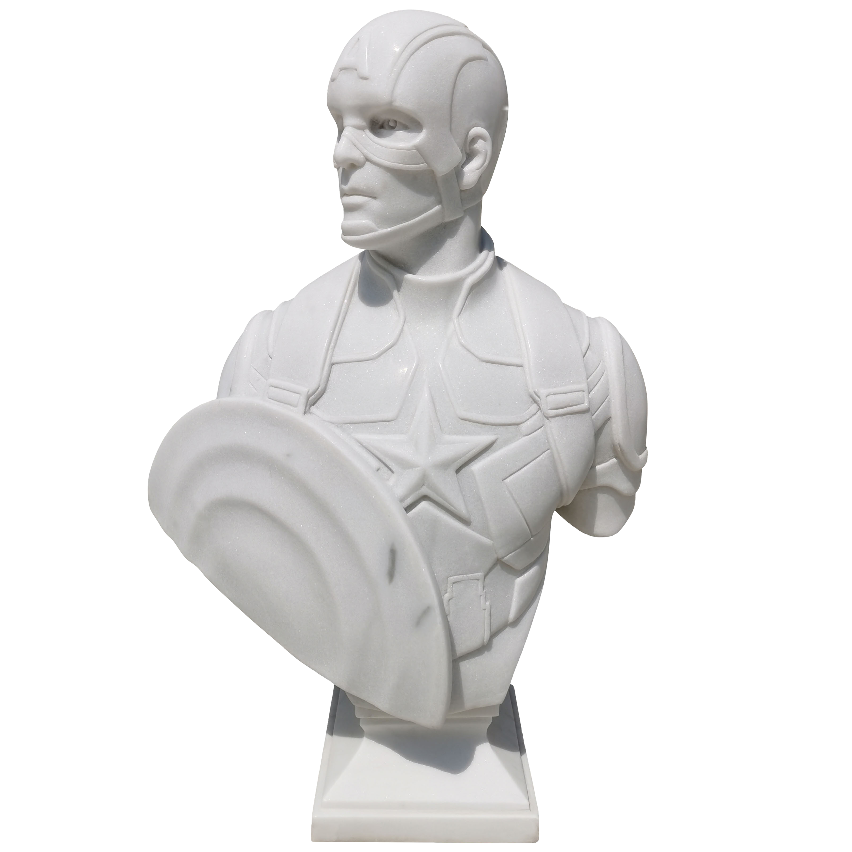 Cette image est une sculpture de l'artiste Léo Caillard, intitulée "The Captain". Cette pièce de 85 cm, réalisée en marbre blanc représente un buste du héros Marvel, Captain America avec son casque et son bouclier. Vous pouvez retrouver cette pièce à la Galerie Montmartre à Paris, France.