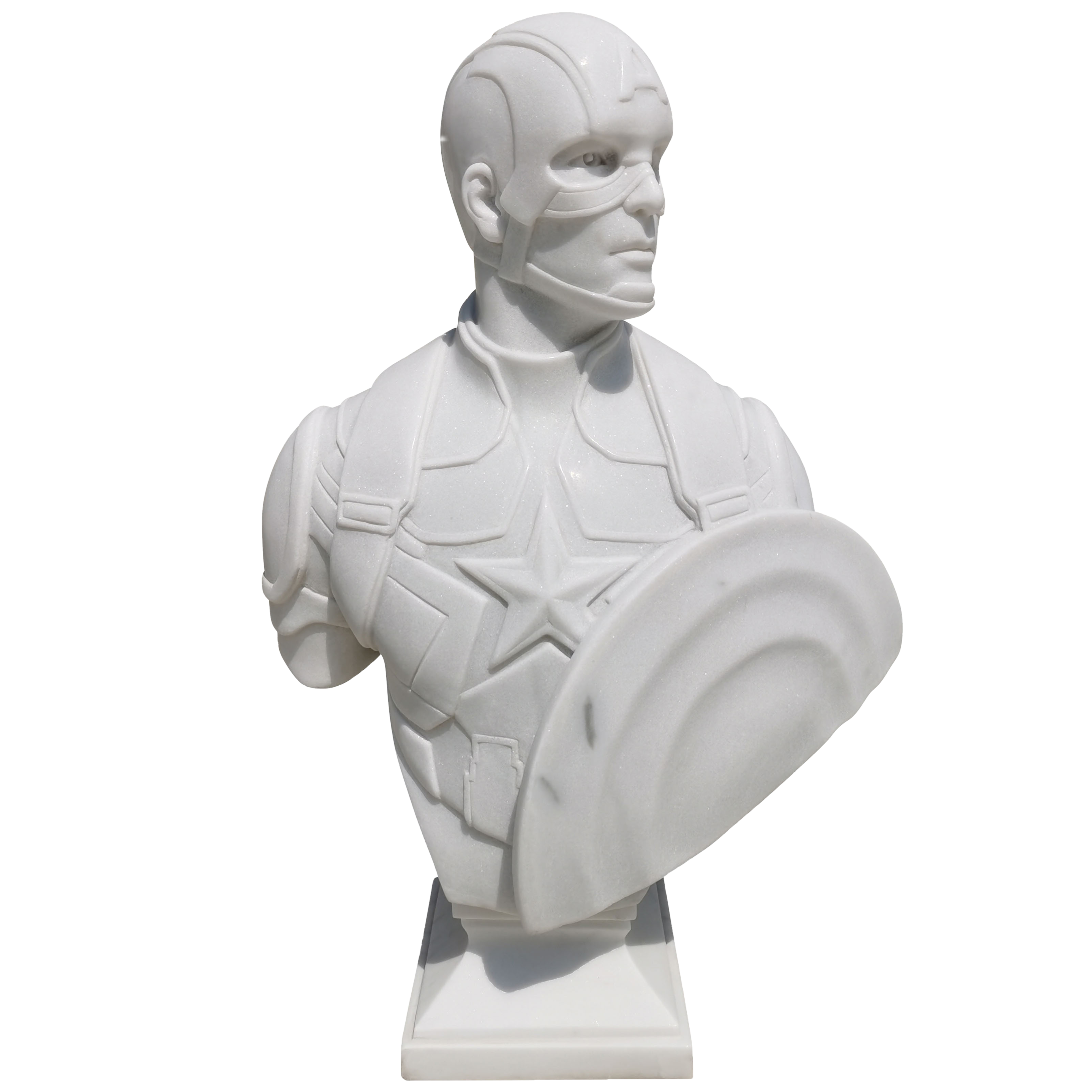 Cette image est une sculpture de l'artiste Léo Caillard, intitulée "The Captain". Cette pièce de 85 cm, réalisée en marbre blanc représente un buste du héros Marvel, Captain America avec son casque et son bouclier. Vous pouvez retrouver cette pièce à la Galerie Montmartre à Paris, France.