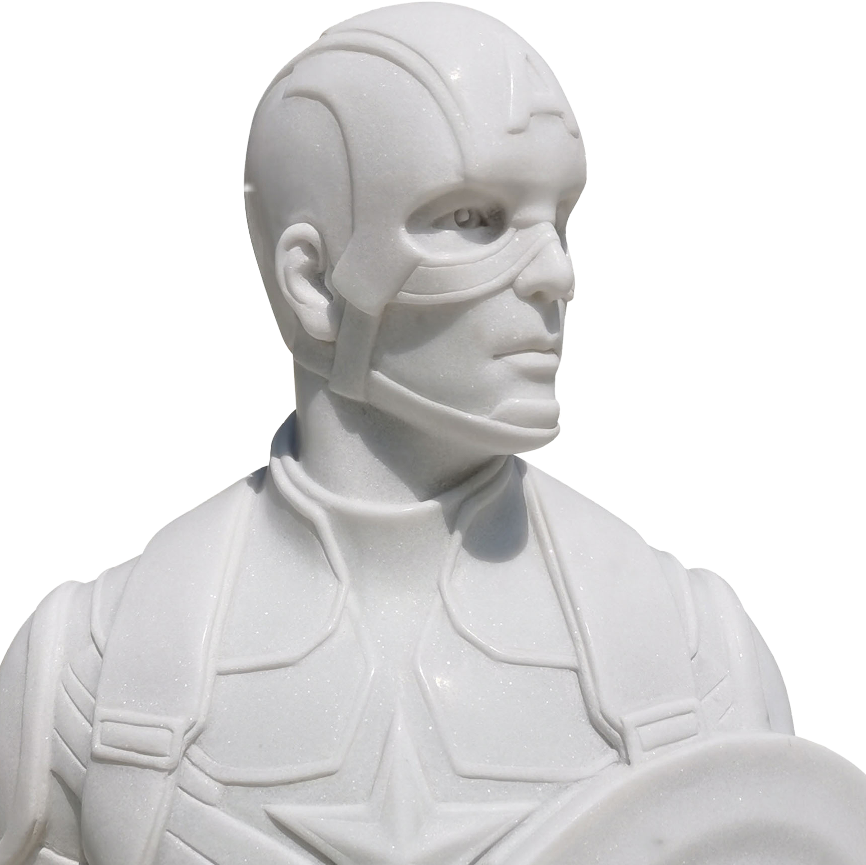 Cette image est une sculpture de l'artiste Léo Caillard, intitulée "The Captain". Cette pièce de 90 cm, réalisée en marbre blanc représente un buste du héros Marvel, Iron Man avec son casque. Vous pouvez retrouver cette pièce à la Galerie Montmartre à Paris, France.