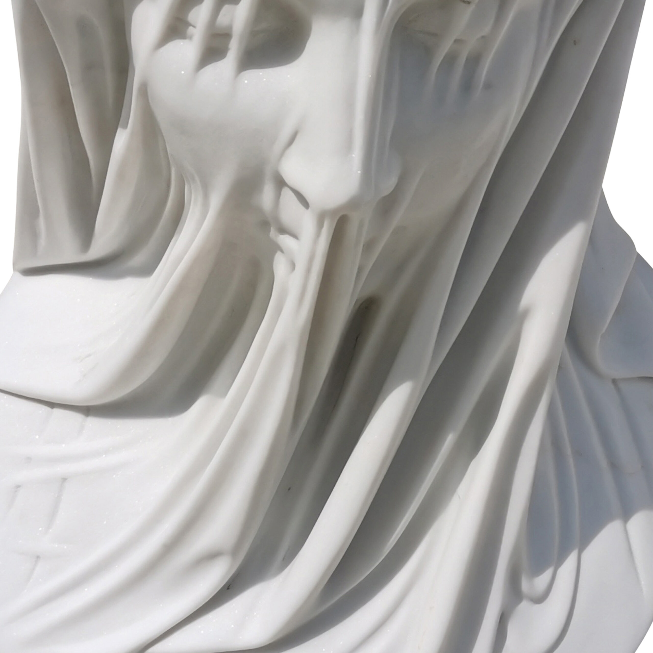 Cette image est une sculpture de l'artiste Léo Caillard, intitulée "Vénus au Voile". Cette pièce de 50 cm, réalisée en marbre blanc représente un buste de la déesse Vénus, dont le visage est recouvert d'un voile. Vous pouvez retrouver cette pièce à la Galerie Montmartre à Paris, France.