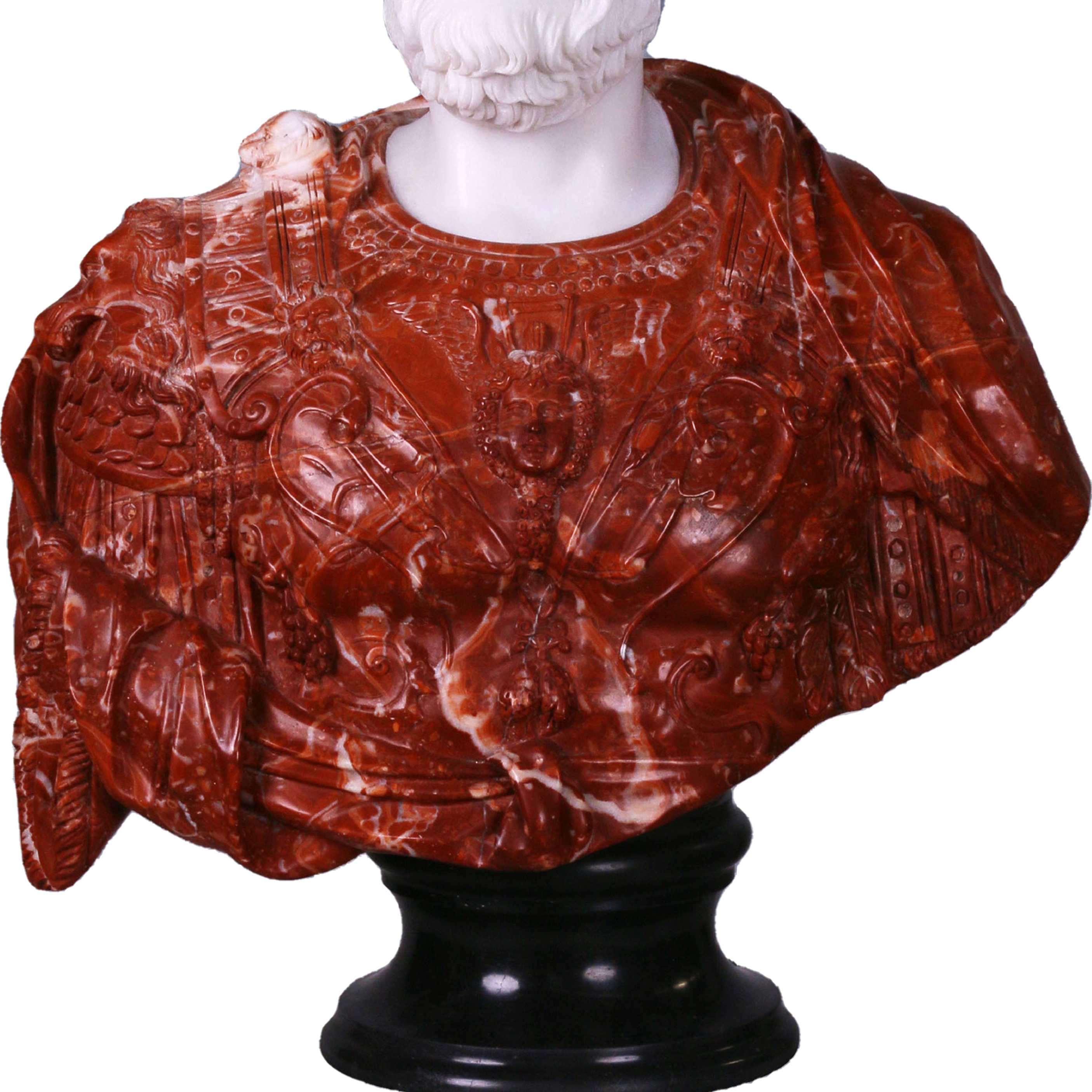 Cette image est une sculpture de l'artiste Léo Caillard, intitulée "Red Lucius ". Cette pièce unique de 75 cm, réalisée en marbre rouge et en marbre blanc représente un buste d'un empereur romain, avec des attributs contemporains : une casquette et des grosses lunettes. Vous pouvez retrouver cette pièce à la Galerie Montmartre à Paris, France.