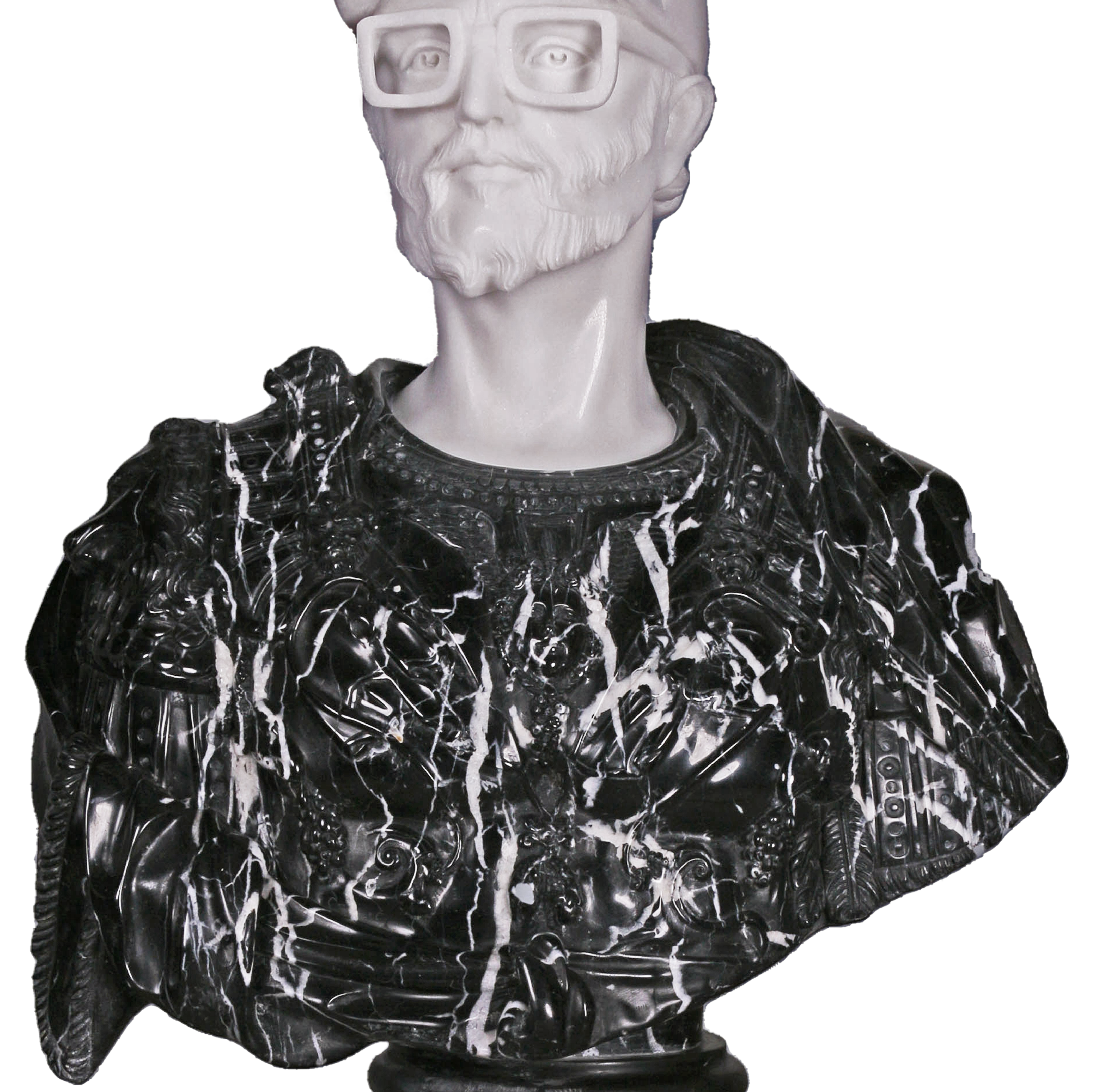 Cette image est une sculpture de l'artiste Léo Caillard, intitulée "Black Lucius". Cette pièce unique de 75 cm, réalisée en marbre blanc et noir représente un buste de l'Empereur romain Lucius Verus, avec des attributs contemporains : une casquette et des grosses lunettes. Vous pouvez retrouver cette pièce à la Galerie Montmartre à Paris, France.