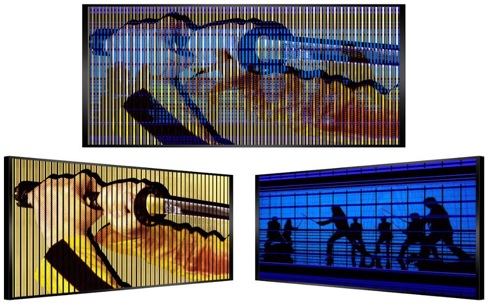 Cette image est une photo de l'œuvre cinétique de l'artiste Patrick Rubinstein intitulée Kill Bill. Cette pièce unique mesure 60 × 5 × 127 cm et est exposée à la Galerie Montmartre à Paris, France.
