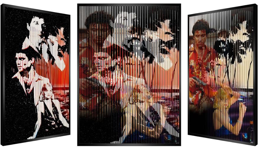 Cette image représente une œuvre cinétique de l'artiste Patrick Rubinstein, intitulée Scarface. Cette pièce unique représente les trois facettes du tableau, inspirée du film Scarface. Elle mesure 150 × 5 × 113 cm et est exposée à la Galerie Montmartre à Paris, France.