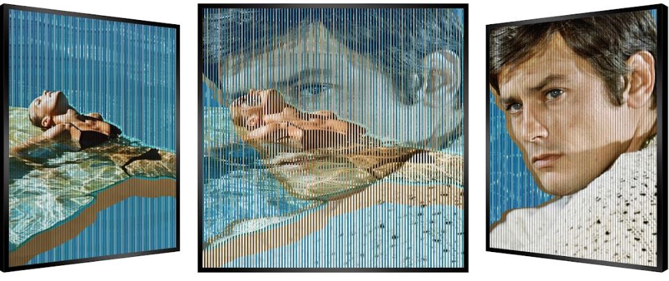 Cette image représente une œuvre cinétique de l'artiste Patrick Rubinstein, intitulée La Piscine. Cette pièce unique représente trois facette, avec lm'acteur Alain Delon et l'actrice Romy Schneider  inspirée du film La Piscine. Elle mesure 112 × 5 × 73 cm et est exposée à la Galerie Montmartre à Paris, France.