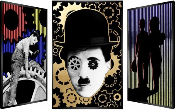 Cette image représente une œuvre cinétique de l'artiste Patrick Rubinstein, intitulée "Chaplin Times". Cette pièce unique représente trois facette inspirée de Charlie Chaplin. Elle mesure 112 × 5 × 73 cm et est exposée à la Galerie Montmartre à Paris, France.