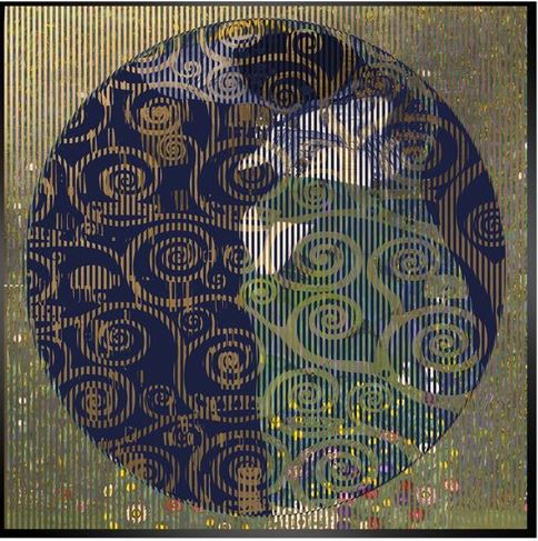 Cette image représente une œuvre cinétique de l'artiste Patrick Rubinstein intitulée Klimtoman. Il s'agit d'une pièce unique qui mesure 113 x 113 cm. Ce tableau représente d'une face l'œuvre "Le Baiser" de Klimt, de l'autre face des branches d'arbre de vie et en son centre, un mélange des deux.