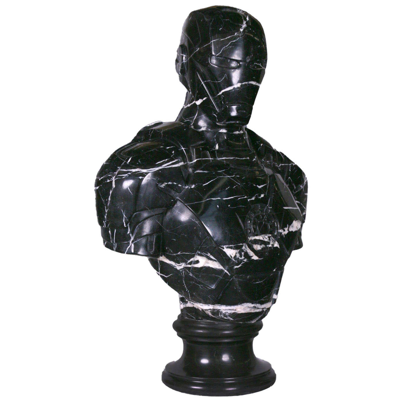 Picture of a black Portorro marble sculpture of Batman, by French artist Leo Caillard, represented at Galerie Montmartre, Paris, France