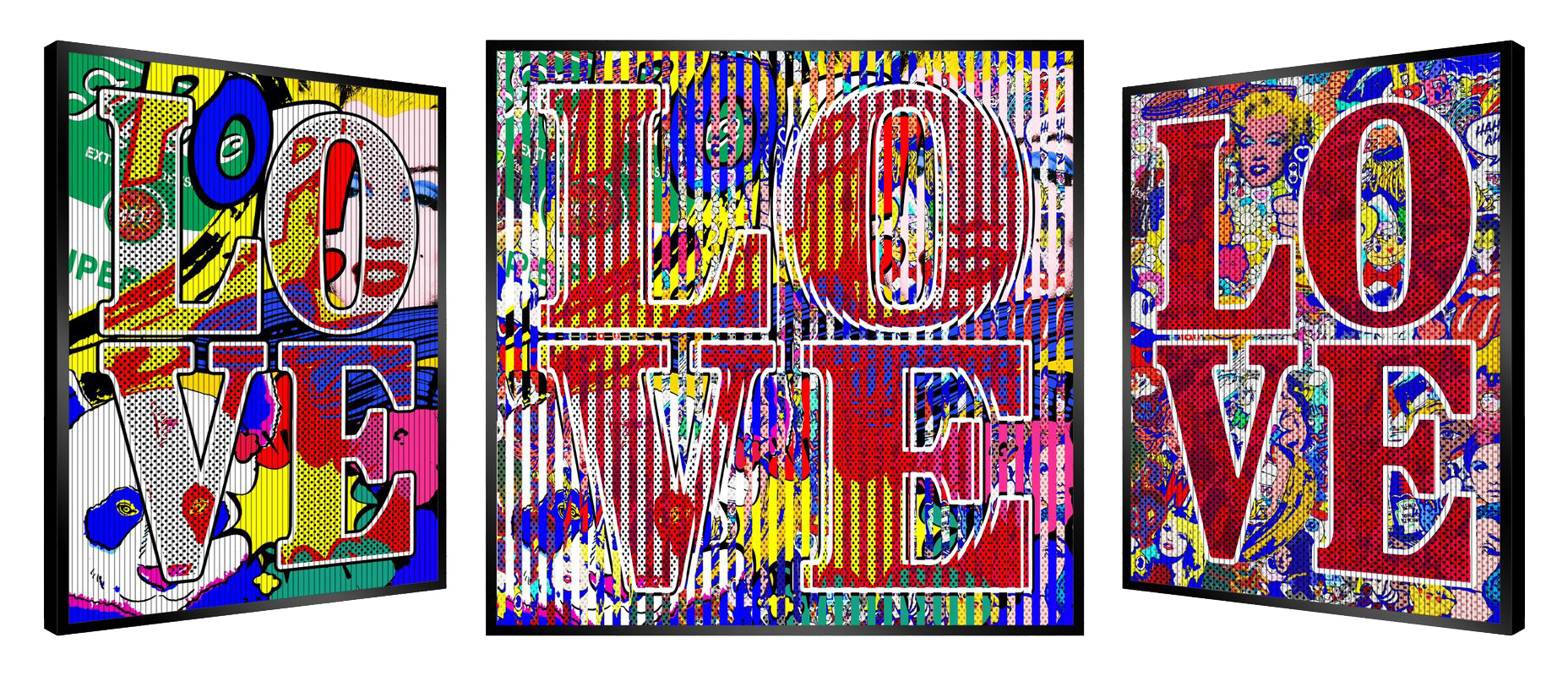 Cette image représente un tableau cinétique de l'artiste Patrick Rubinstein, intitulée "L'amour en rouge". Il s'agit d'une pièce unique. On y retrouve Marilyn Monroe sous différentes facettes en fonction du point de vue du spectateur. Technique mixte avec des paillettes noires et mesurant 113 x 113 cm.